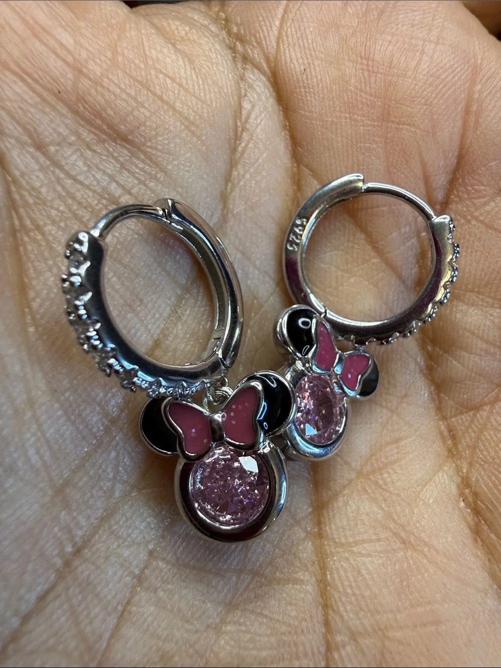 Disney Pink Minnie Mouse Sterling Silver Dangle Earrings